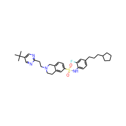 CC(C)(C)c1cnc(CCN2CCc3cc(S(=O)(=O)Nc4ccc(CCCC5CCCC5)cc4F)ccc3C2)nc1 ZINC000261079688