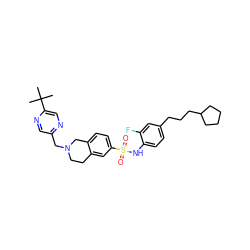 CC(C)(C)c1cnc(CN2CCc3cc(S(=O)(=O)Nc4ccc(CCCC5CCCC5)cc4F)ccc3C2)cn1 ZINC000261189949