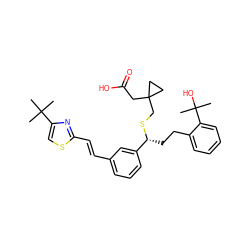 CC(C)(C)c1csc(/C=C/c2cccc([C@@H](CCc3ccccc3C(C)(C)O)SCC3(CC(=O)O)CC3)c2)n1 ZINC000029393850