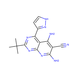 CC(C)(C)c1nc(-c2cc[nH]n2)c2c(N)c(C#N)c(N)nc2n1 ZINC000473155287