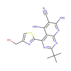 CC(C)(C)c1nc(-c2nc(CO)cs2)c2c(N)c(C#N)c(N)nc2n1 ZINC000473154268