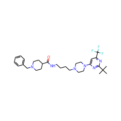 CC(C)(C)c1nc(N2CCN(CCCCNC(=O)C3CCN(Cc4ccccc4)CC3)CC2)cc(C(F)(F)F)n1 ZINC000207538498