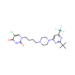 CC(C)(C)c1nc(N2CCN(CCCCn3cc(Cl)c(=O)[nH]c3=O)CC2)cc(C(F)(F)F)n1 ZINC000028567691