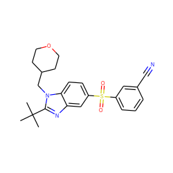 CC(C)(C)c1nc2cc(S(=O)(=O)c3cccc(C#N)c3)ccc2n1CC1CCOCC1 ZINC000029048299