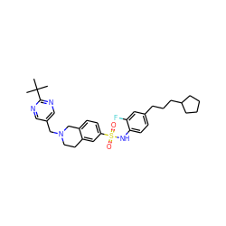 CC(C)(C)c1ncc(CN2CCc3cc(S(=O)(=O)Nc4ccc(CCCC5CCCC5)cc4F)ccc3C2)cn1 ZINC000220160185