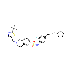 CC(C)(C)c1ncc(CN2CCc3cc(S(=O)(=O)Nc4ccc(CCCC5CCCC5)cc4F)ccc3C2)s1 ZINC000220158718