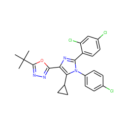 CC(C)(C)c1nnc(-c2nc(-c3ccc(Cl)cc3Cl)n(-c3ccc(Cl)cc3)c2C2CC2)o1 ZINC000040410583