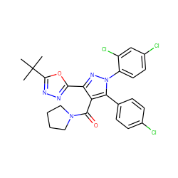 CC(C)(C)c1nnc(-c2nn(-c3ccc(Cl)cc3Cl)c(-c3ccc(Cl)cc3)c2C(=O)N2CCCC2)o1 ZINC000044417998