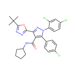 CC(C)(C)c1nnc(-c2nn(-c3ccc(Cl)cc3Cl)c(-c3ccc(Cl)cc3)c2C(=O)NC2CCCC2)o1 ZINC000049867640