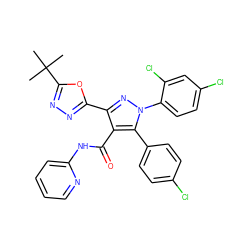 CC(C)(C)c1nnc(-c2nn(-c3ccc(Cl)cc3Cl)c(-c3ccc(Cl)cc3)c2C(=O)Nc2ccccn2)o1 ZINC000044406105