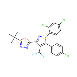 CC(C)(C)c1nnc(-c2nn(-c3ccc(Cl)cc3Cl)c(-c3ccc(Cl)cc3)c2C(F)F)o1 ZINC000042878488