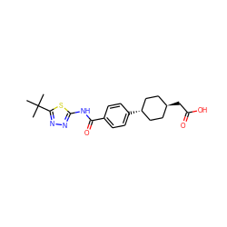 CC(C)(C)c1nnc(NC(=O)c2ccc([C@H]3CC[C@H](CC(=O)O)CC3)cc2)s1 ZINC000261088273