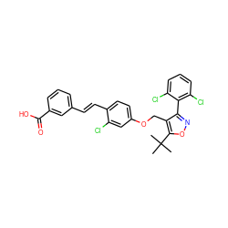 CC(C)(C)c1onc(-c2c(Cl)cccc2Cl)c1COc1ccc(/C=C/c2cccc(C(=O)O)c2)c(Cl)c1 ZINC000014976983