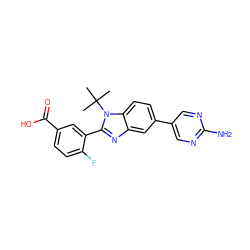 CC(C)(C)n1c(-c2cc(C(=O)O)ccc2F)nc2cc(-c3cnc(N)nc3)ccc21 ZINC000143909629