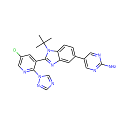 CC(C)(C)n1c(-c2cc(Cl)cnc2-n2cncn2)nc2cc(-c3cnc(N)nc3)ccc21 ZINC000169285401