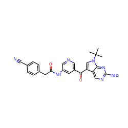 CC(C)(C)n1cc(C(=O)c2cncc(NC(=O)Cc3ccc(C#N)cc3)c2)c2cnc(N)nc21 ZINC000169708031