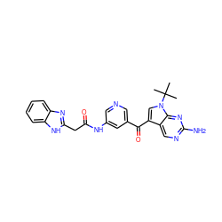 CC(C)(C)n1cc(C(=O)c2cncc(NC(=O)Cc3nc4ccccc4[nH]3)c2)c2cnc(N)nc21 ZINC000221759506