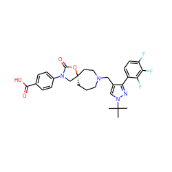 CC(C)(C)n1cc(CN2CCC[C@]3(CC2)CN(c2ccc(C(=O)O)cc2)C(=O)O3)c(-c2ccc(F)c(F)c2F)n1 ZINC000144543582