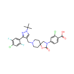 CC(C)(C)n1cc(CN2CCC3(CC2)CN(c2ccc(C(=O)O)c(Cl)c2)C(=O)O3)c(-c2cc(F)c(Cl)cc2F)n1 ZINC000144616671