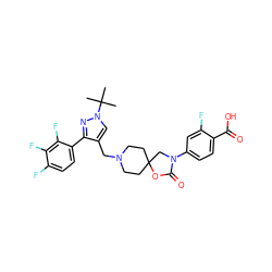 CC(C)(C)n1cc(CN2CCC3(CC2)CN(c2ccc(C(=O)O)c(F)c2)C(=O)O3)c(-c2ccc(F)c(F)c2F)n1 ZINC000144601814