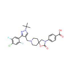 CC(C)(C)n1cc(CN2CCC3(CC2)CN(c2ccc(C(=O)O)cc2)C(=O)O3)c(-c2cc(F)c(Cl)cc2F)n1 ZINC000144570516