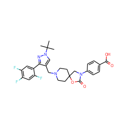 CC(C)(C)n1cc(CN2CCC3(CC2)CN(c2ccc(C(=O)O)cc2)C(=O)O3)c(-c2cc(F)c(F)cc2F)n1 ZINC000144587417