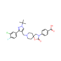 CC(C)(C)n1cc(CN2CCC3(CC2)CN(c2ccc(C(=O)O)cc2)C(=O)O3)c(-c2ccc(F)c(Cl)c2)n1 ZINC000144625025