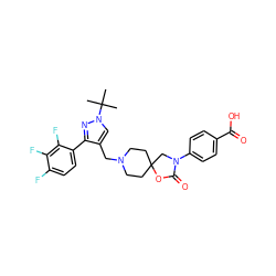 CC(C)(C)n1cc(CN2CCC3(CC2)CN(c2ccc(C(=O)O)cc2)C(=O)O3)c(-c2ccc(F)c(F)c2F)n1 ZINC000144591166