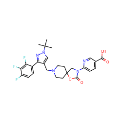 CC(C)(C)n1cc(CN2CCC3(CC2)CN(c2ccc(C(=O)O)cn2)C(=O)O3)c(-c2ccc(F)c(F)c2F)n1 ZINC000144516835