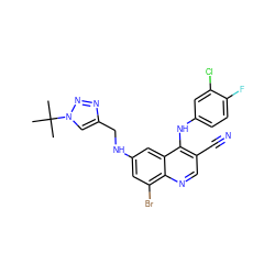 CC(C)(C)n1cc(CNc2cc(Br)c3ncc(C#N)c(Nc4ccc(F)c(Cl)c4)c3c2)nn1 ZINC000049881818