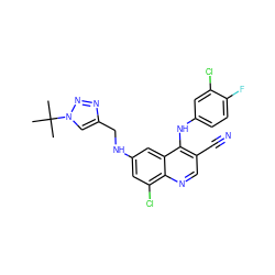 CC(C)(C)n1cc(CNc2cc(Cl)c3ncc(C#N)c(Nc4ccc(F)c(Cl)c4)c3c2)nn1 ZINC000040975109