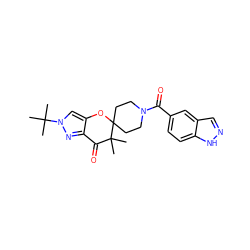 CC(C)(C)n1cc2c(n1)C(=O)C(C)(C)C1(CCN(C(=O)c3ccc4[nH]ncc4c3)CC1)O2 ZINC000299822880