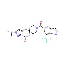 CC(C)(C)n1cc2c(n1)C(=O)NC1(CCN(C(=O)c3cc(C(F)(F)F)c4[nH]ncc4c3)CC1)C2 ZINC000261181602