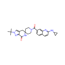 CC(C)(C)n1cc2c(n1)C(=O)NC1(CCN(C(=O)c3ccc4ccc(NC5CC5)nc4c3)CC1)C2 ZINC000261169377