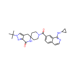 CC(C)(C)n1cc2c(n1)C(=O)NC1(CCN(C(=O)c3ccc4ccnc(NC5CC5)c4c3)CC1)C2 ZINC000261141044