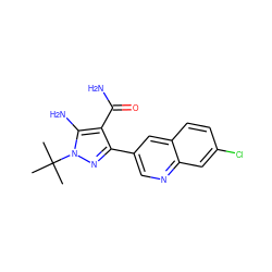 CC(C)(C)n1nc(-c2cnc3cc(Cl)ccc3c2)c(C(N)=O)c1N ZINC000221716810