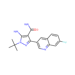 CC(C)(C)n1nc(-c2cnc3cc(F)ccc3c2)c(C(N)=O)c1N ZINC000221715056