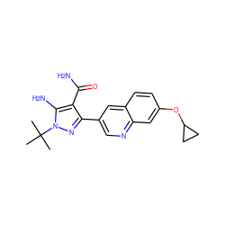 CC(C)(C)n1nc(-c2cnc3cc(OC4CC4)ccc3c2)c(C(N)=O)c1N ZINC000221703456