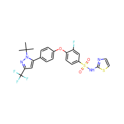 CC(C)(C)n1nc(C(F)(F)F)cc1-c1ccc(Oc2ccc(S(=O)(=O)Nc3nccs3)cc2F)cc1 ZINC000095582306