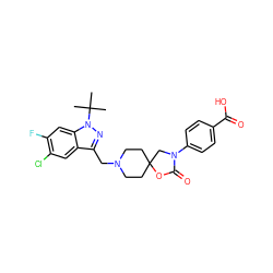 CC(C)(C)n1nc(CN2CCC3(CC2)CN(c2ccc(C(=O)O)cc2)C(=O)O3)c2cc(Cl)c(F)cc21 ZINC000144615381