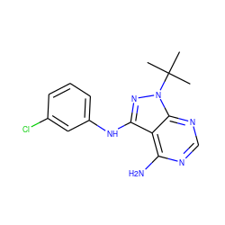 CC(C)(C)n1nc(Nc2cccc(Cl)c2)c2c(N)ncnc21 ZINC001772611968