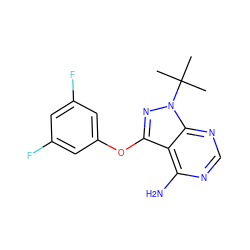 CC(C)(C)n1nc(Oc2cc(F)cc(F)c2)c2c(N)ncnc21 ZINC000143899992