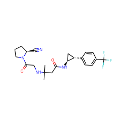 CC(C)(CC(=O)N[C@H]1C[C@@H]1c1ccc(C(F)(F)F)cc1)NCC(=O)N1CCC[C@H]1C#N ZINC000040897475