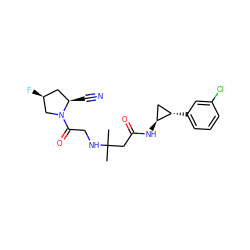 CC(C)(CC(=O)N[C@H]1C[C@@H]1c1cccc(Cl)c1)NCC(=O)N1C[C@@H](F)C[C@H]1C#N ZINC000040866214