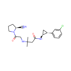 CC(C)(CC(=O)N[C@H]1C[C@@H]1c1cccc(Cl)c1)NCC(=O)N1CCC[C@H]1C#N ZINC000040874434