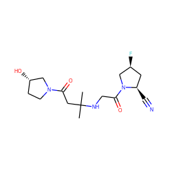 CC(C)(CC(=O)N1CC[C@H](O)C1)NCC(=O)N1C[C@@H](F)C[C@H]1C#N ZINC000049037316