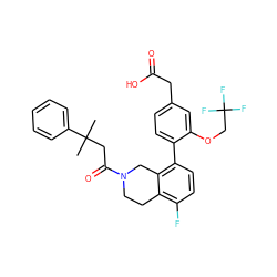 CC(C)(CC(=O)N1CCc2c(F)ccc(-c3ccc(CC(=O)O)cc3OCC(F)(F)F)c2C1)c1ccccc1 ZINC000144035311