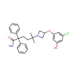 CC(C)(CCC(C(N)=O)(c1ccccc1)c1ccccc1)N1CC(Oc2cc(O)cc(Cl)c2)C1 ZINC000034984802