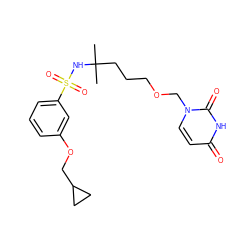 CC(C)(CCCOCn1ccc(=O)[nH]c1=O)NS(=O)(=O)c1cccc(OCC2CC2)c1 ZINC000084709684