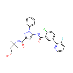 CC(C)(CCO)NC(=O)c1cc(NC(=O)c2cc(-c3ncccc3F)ccc2Cl)n(-c2ccccc2)n1 ZINC001772631593